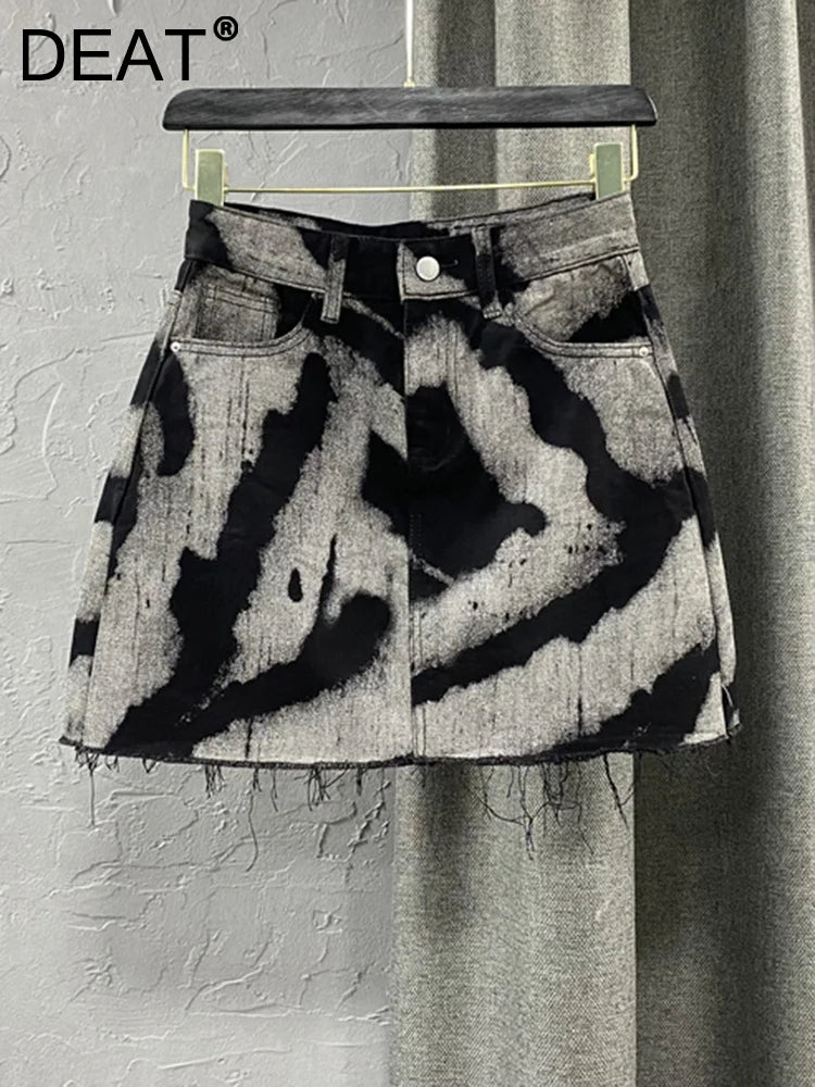 DEAT Streetwear Contrast Color Print Burrs Denim Skirt Women's High Waist Loose Trend A-line Skirts Summer New 17A2006H