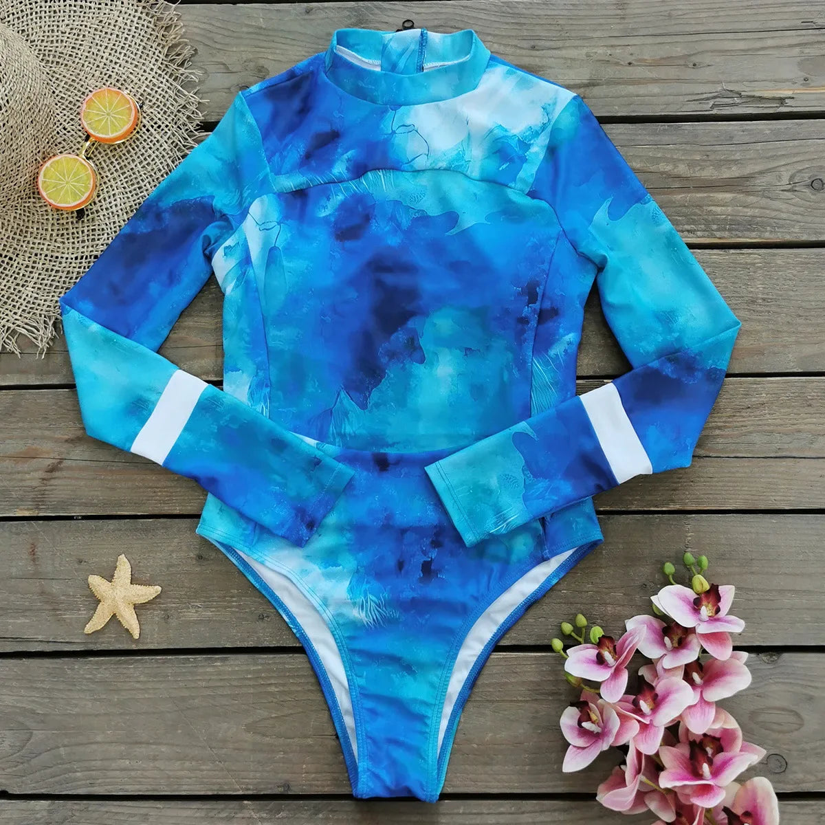 New Tie Dyed One Piece Swimsuit Long Sleeve Swimwear For Sports Surfing Bodysuit Swimsuit Summer Beach Rash Guard Surfing