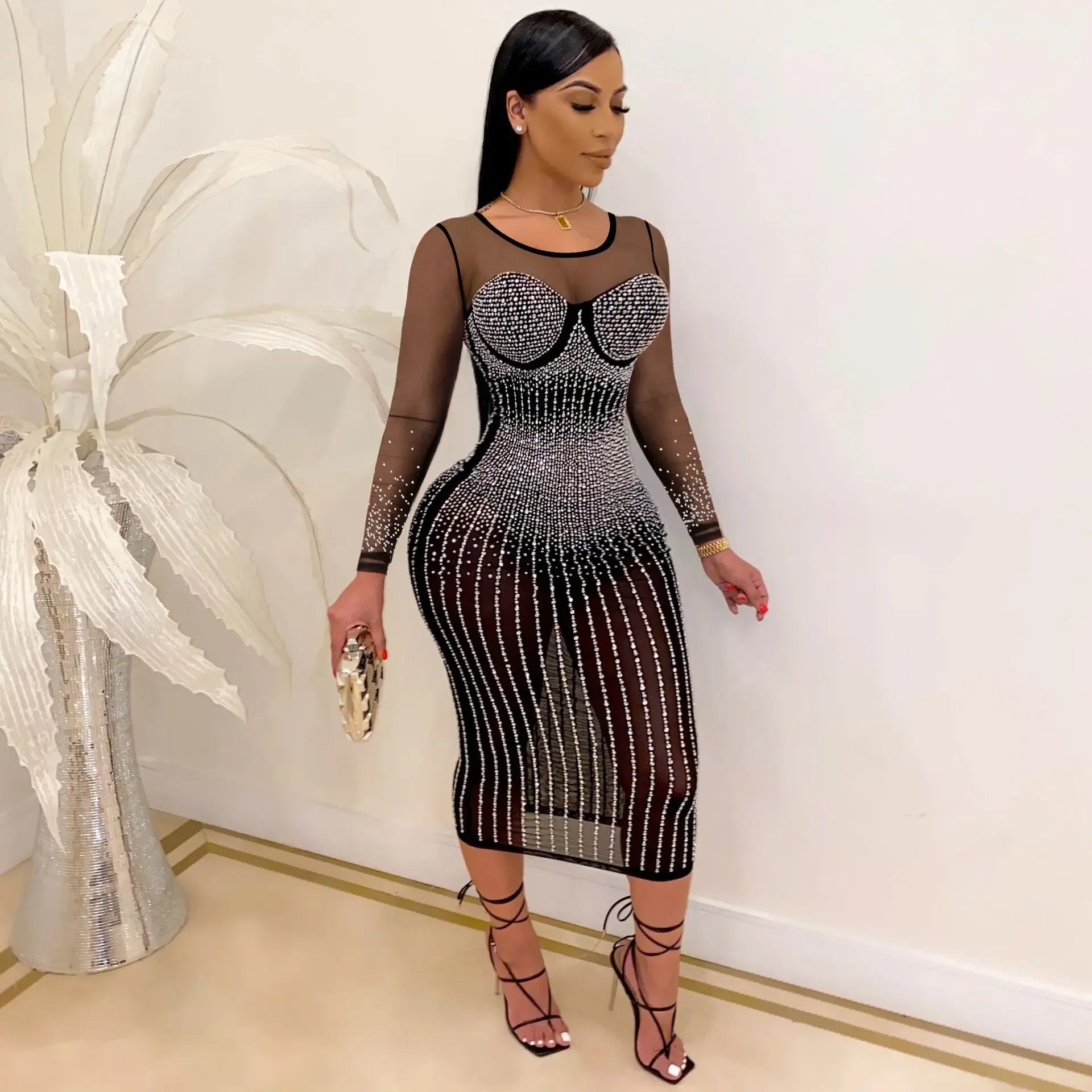 CM.YAYA Mesh See Though Hot Rhinestones Plunging V-neck Midi Bodycon Dress  Women Sexy Club Party Dresses Pencil Vestidos