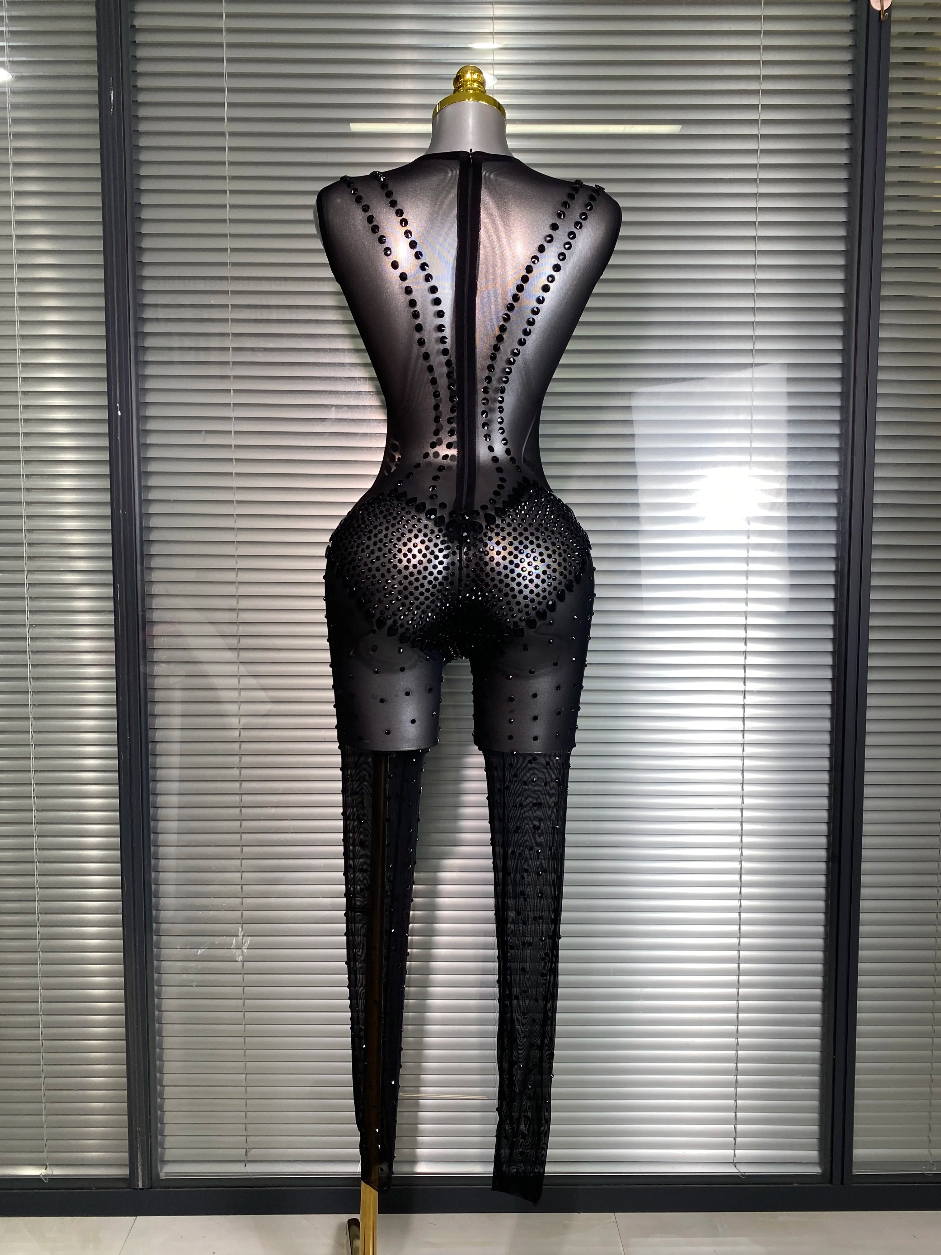 Summer New 2025 Women Sexy Crystal Sheer Black Bodycon Jumpsuit Celebrity Designer Dancer Celebrity Night Club Rompers