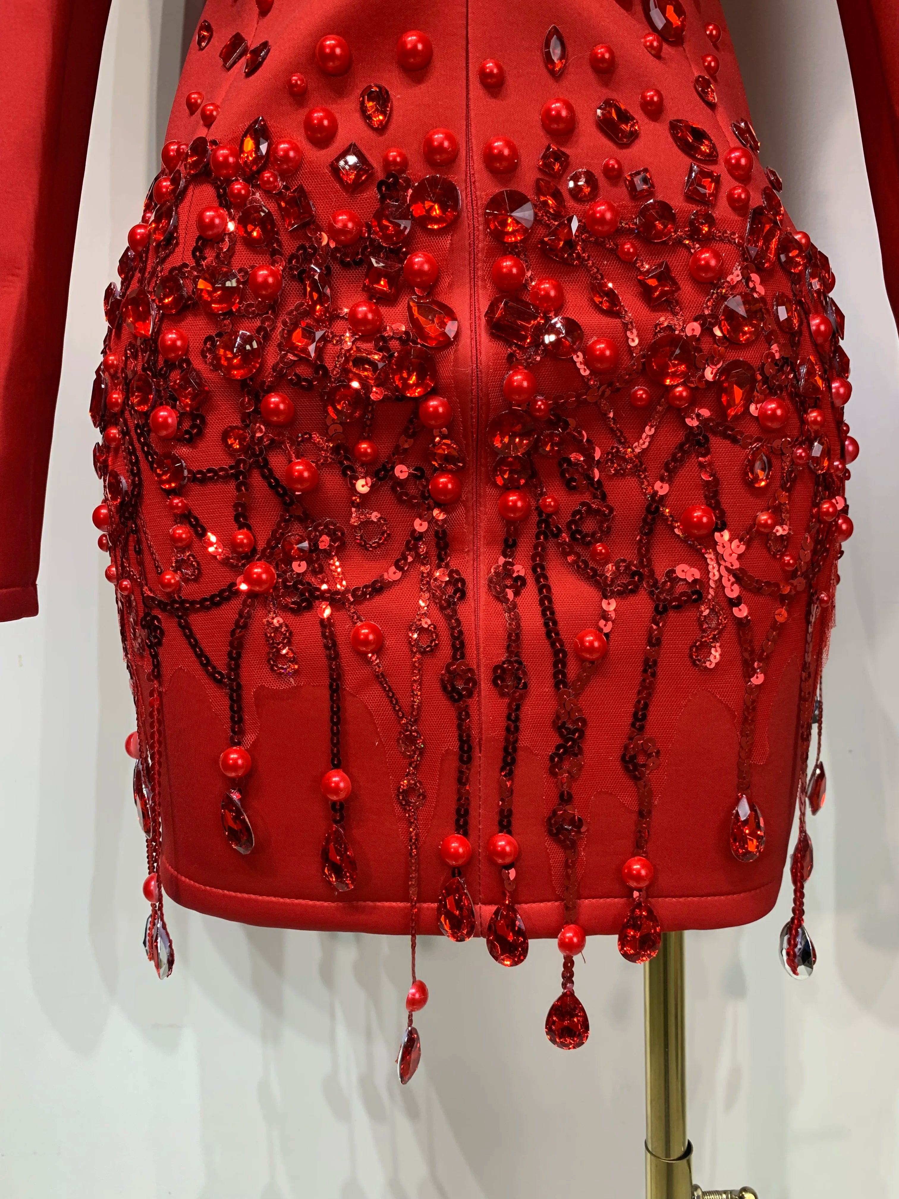 Luxury Rhinestone High Quality Deep V-Neck Slim Fit Red Suit Dress 2025 New Fashion Celebirty Elegant Evening Club Party Dresses