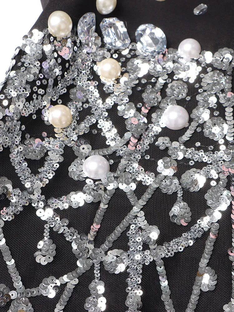 Vestido temperamento TWOTWINSTYLE Patchwork Lantejoulas para mulheres Lapela Manga Longa Cintura Alta Emendado Pérolas Mini Vestidos Femininos Novos