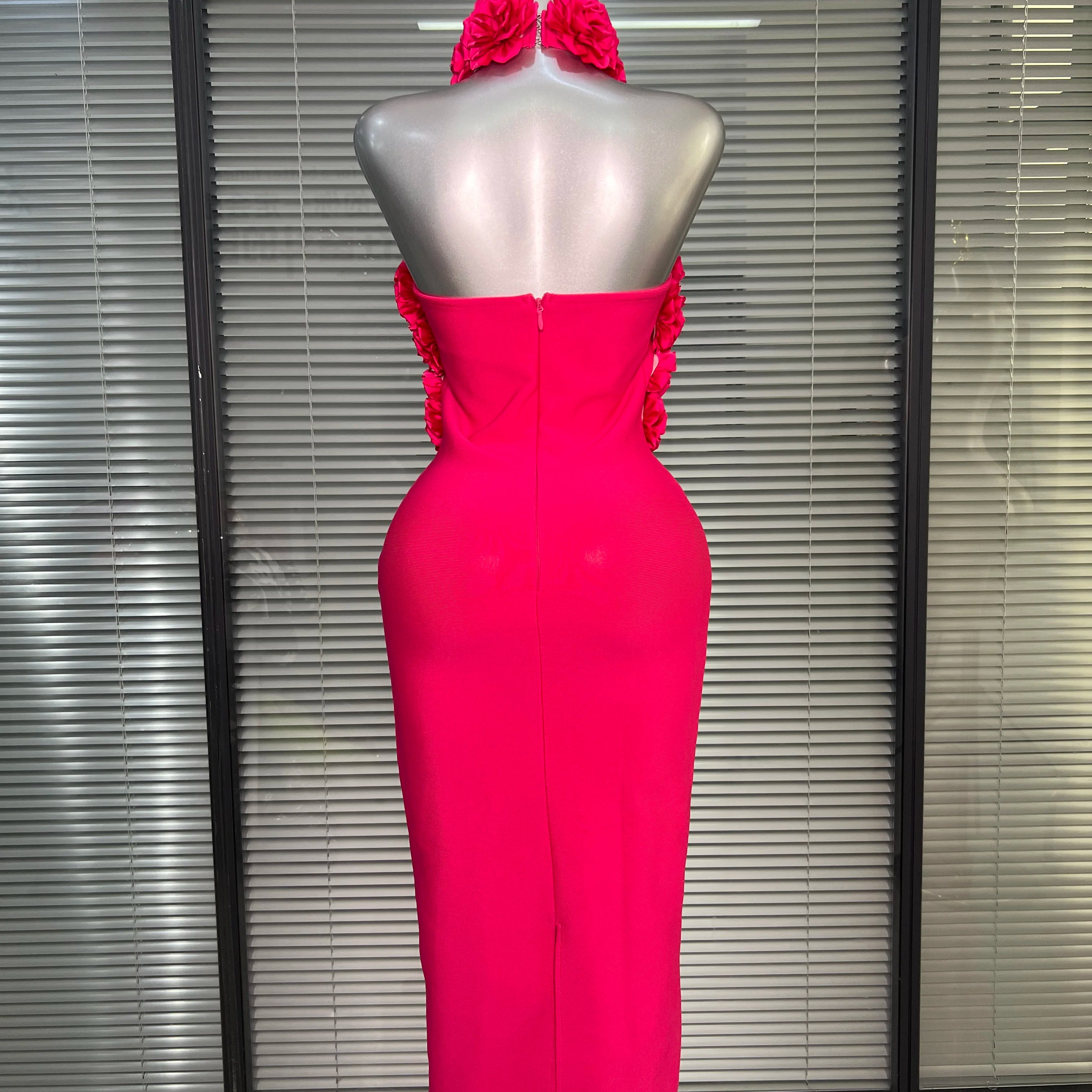 Women Sexy Hot Pink Flower Halter Long Bodycon Bandage Dress Birthday Backless Celebrity Party Dress
