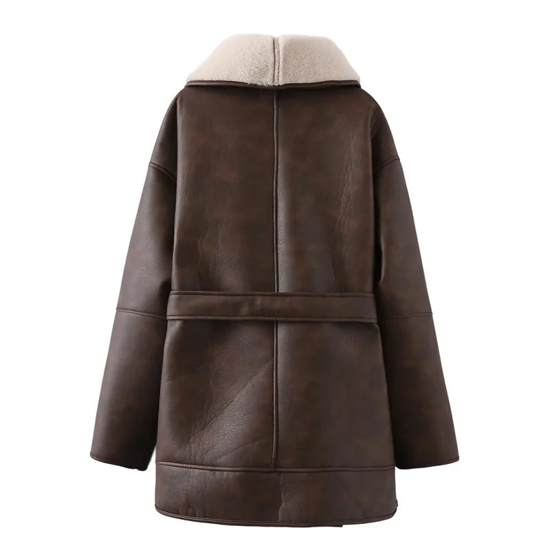 Two-color fur all-in-one coat for women in autumn and winter new fashionable and warm mid-length leather coat with belt