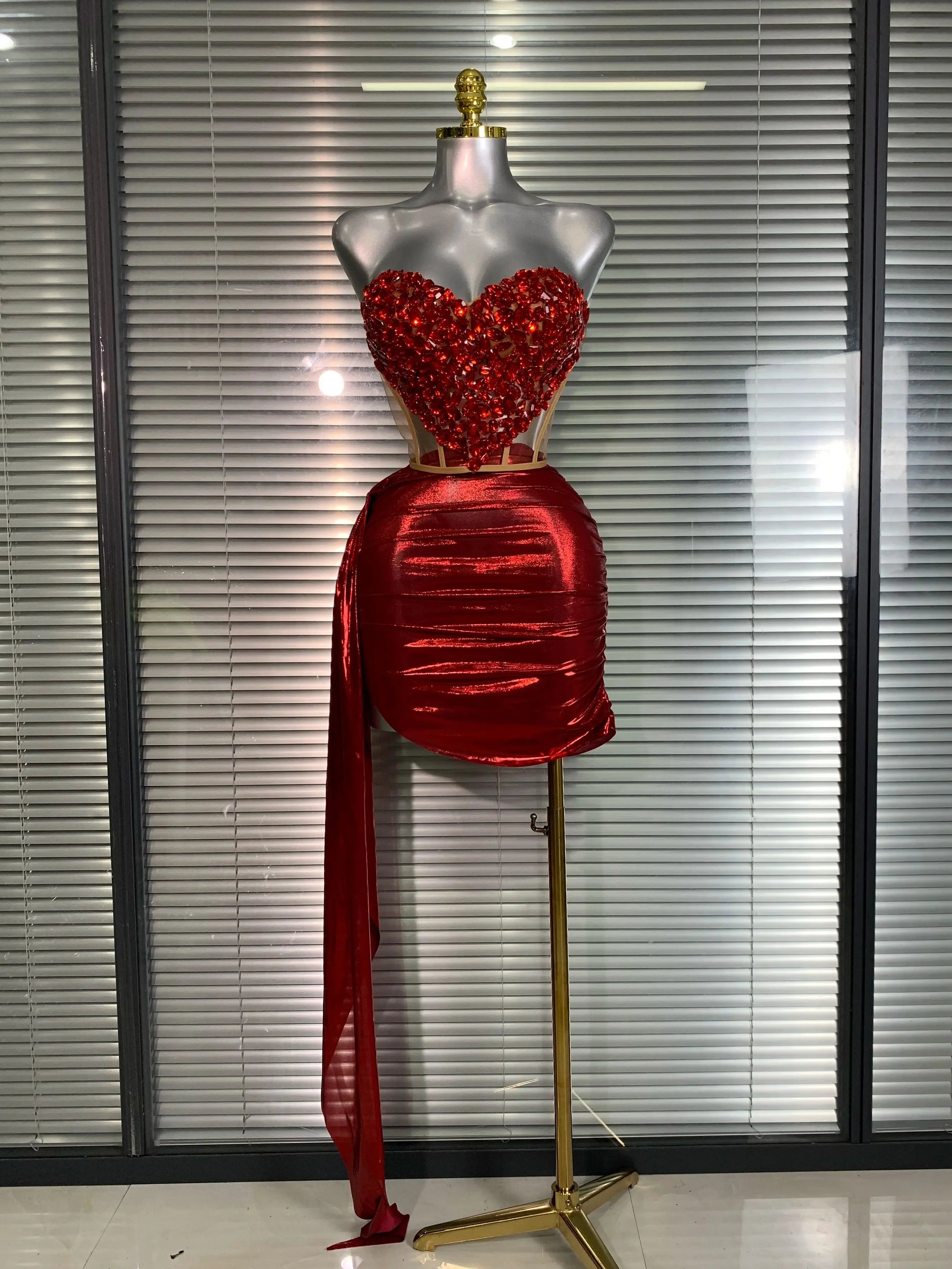 New Women Sexy Two Pieces Set Red Crystal Diamonds Night Club Skirt Suits Laced Singer Dancer Stage Performance Costume