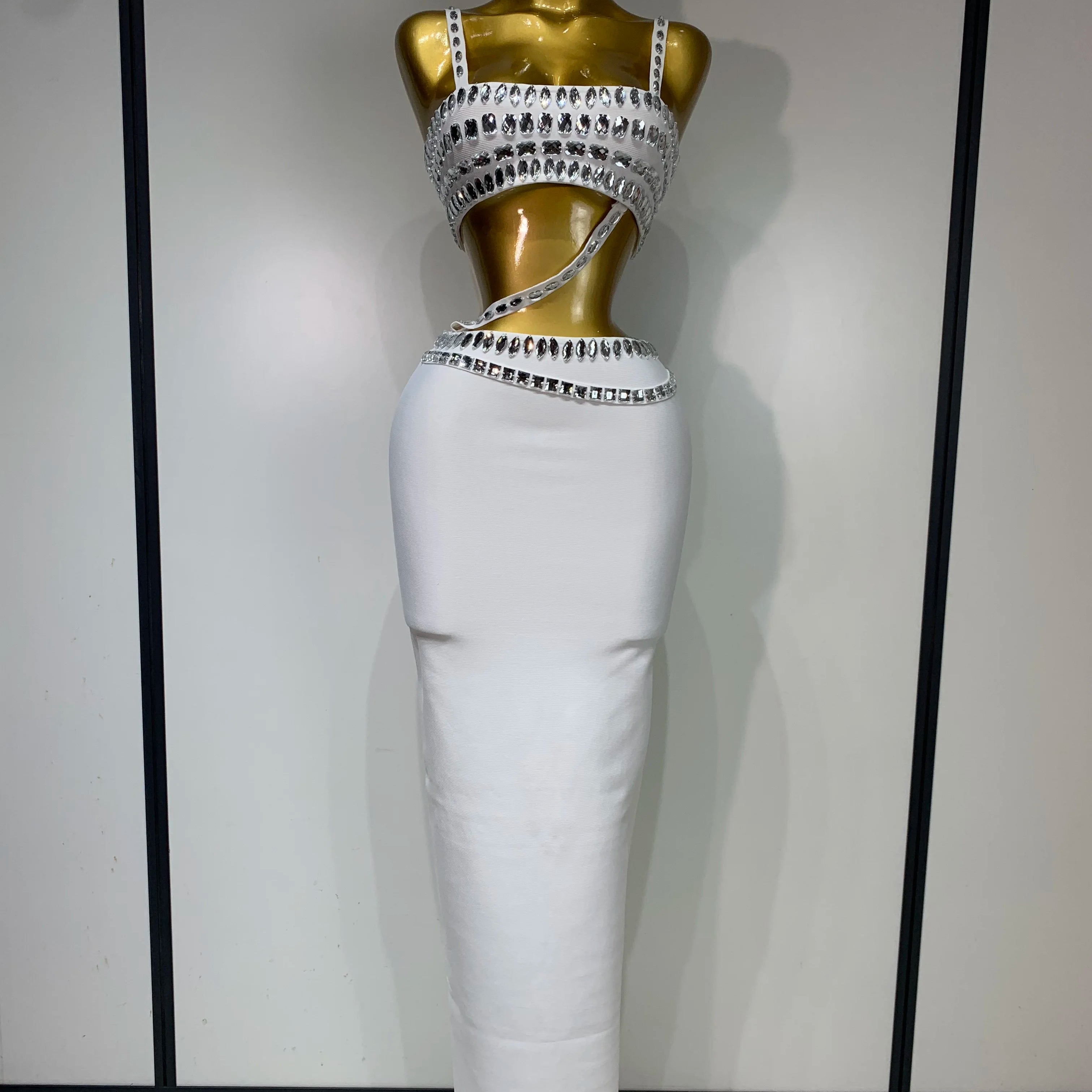 Sparkly Crystal Bodycon Long Dress 2025 Women Sexy Crop Top 2 Pieces Set Nightclub Elegant Party Performance Stage Costume