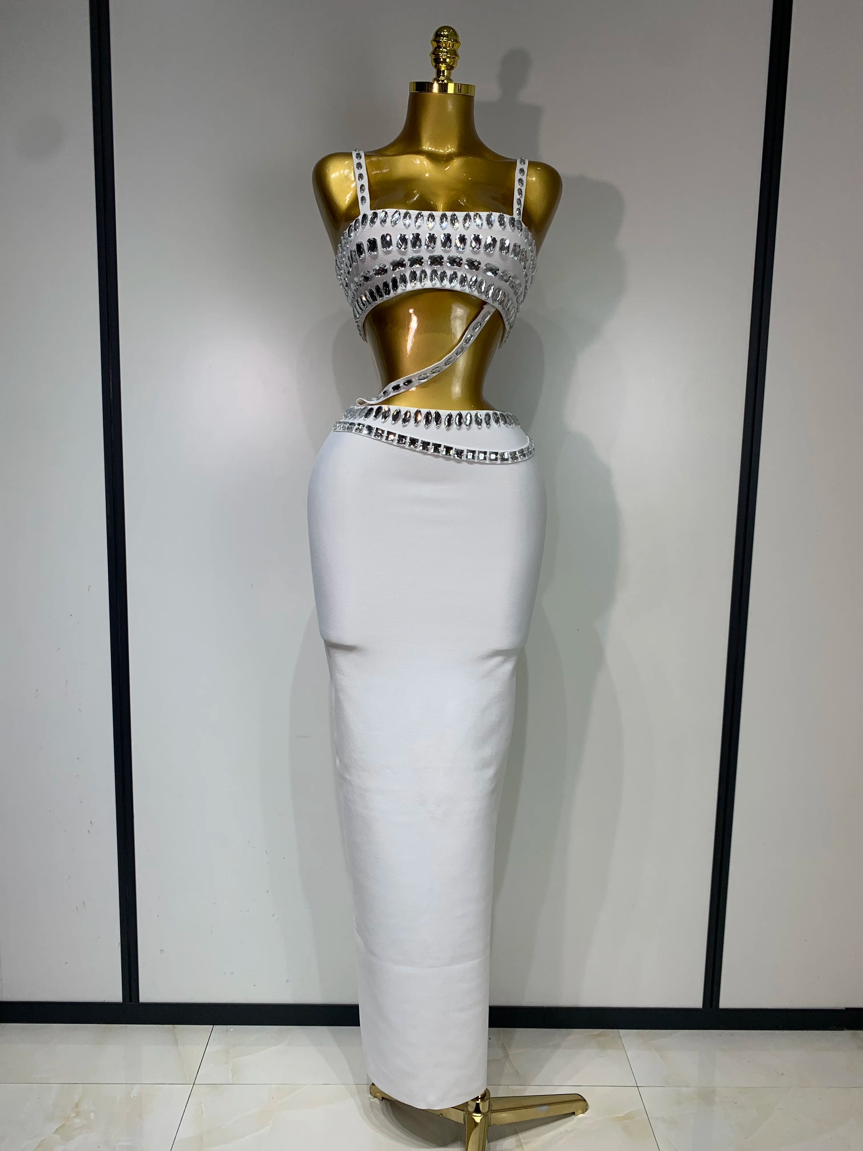 Sparkly Crystal Bodycon Long Dress 2025 Women Sexy Crop Top 2 Pieces Set Nightclub Elegant Party Performance Stage Costume