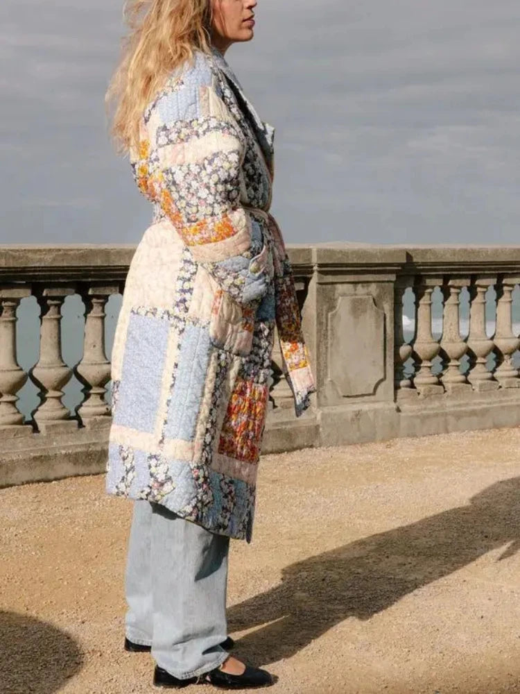 ZBZA Women's Fall Winter New Belted Long Quilted Print Jacket Coat Lapel Long Sleeve Single Breasted Long Padded Warm Outerwear