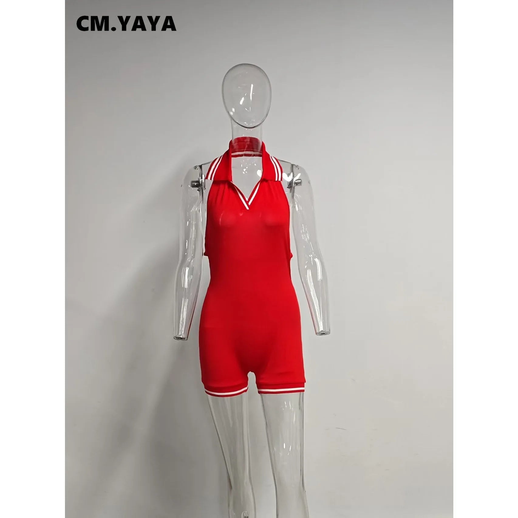 CM.YAYA Women Knitted Sleeveless V-neck Backless Short Jumpsuits Street 2025 Summer Striped One Piece Suit Romper Playsuits
