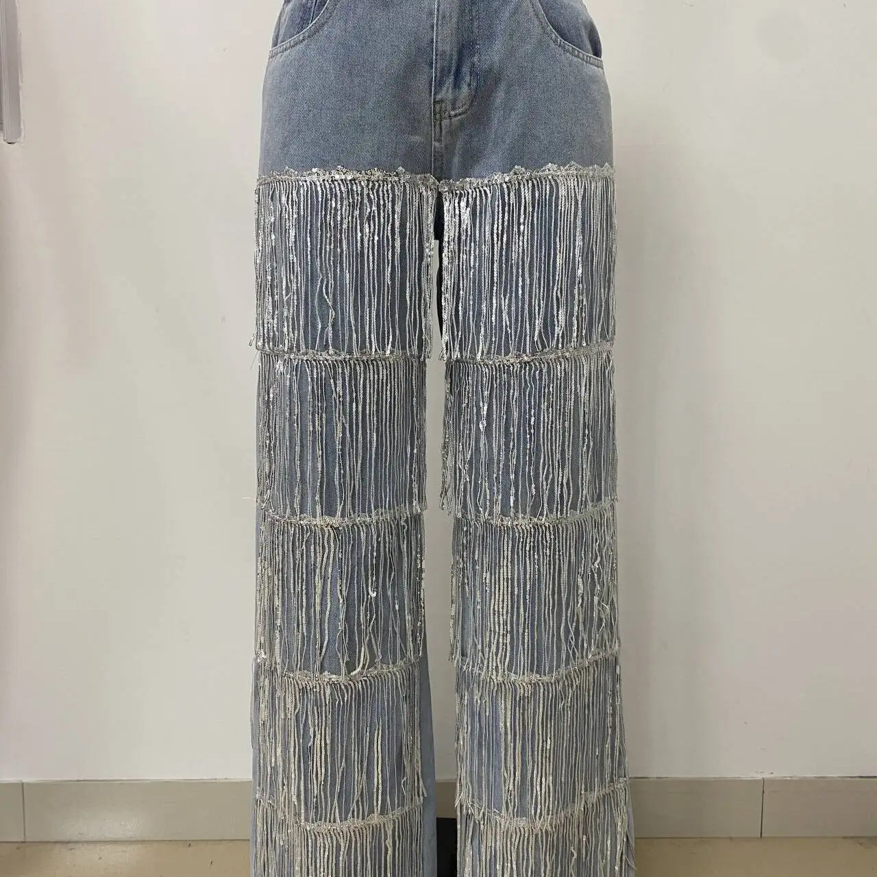 CM.YAYA Women Sequins Tassel Wide Leg Blue Denim Pants 2025 Summer Streetwear Party Vintage High Waist Jeans Trousers