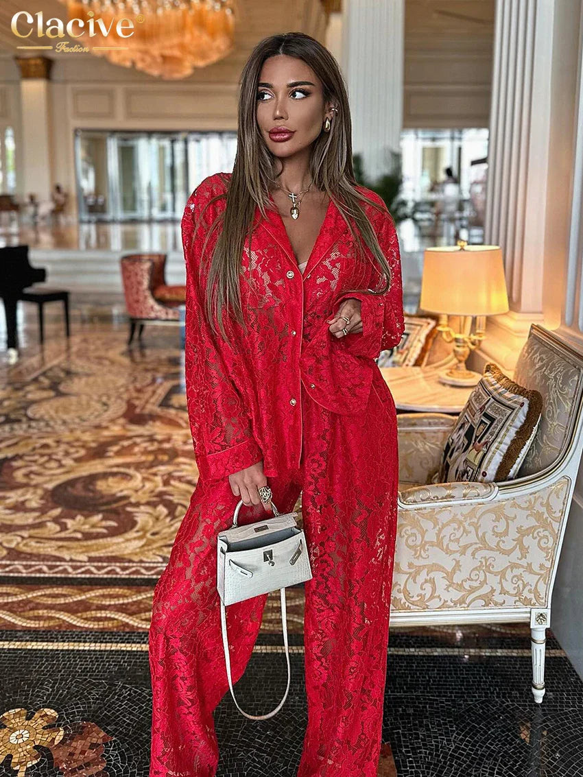 Clacive Sexy Loose Black Lace See Through Trousers Sets Women 2 Pieces Fashion Long Sleeve Shirt With High Waist Wide Pants Set Red