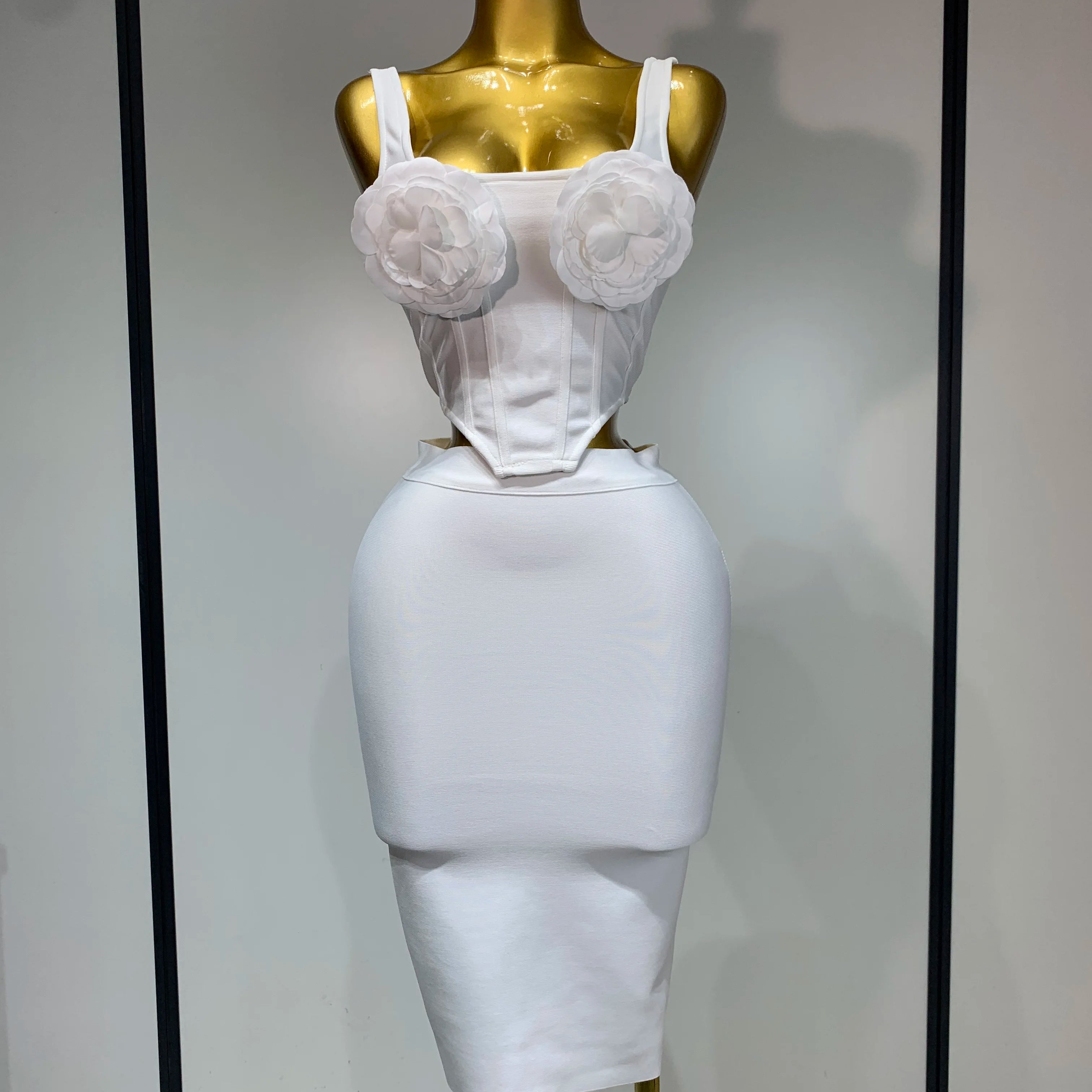 High Quality Women Sexy Square Collar Backless Flower Bandage Two Piece Set 2025 Knitted Elegant Evening Club Party Clothing