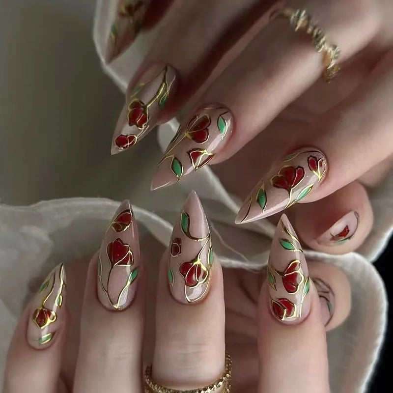24Pcs Green Cat's Eye Design Press on False Nails with Flower Pattern Short Almond Round Head Nails Set Tips Wearable Fake Nail