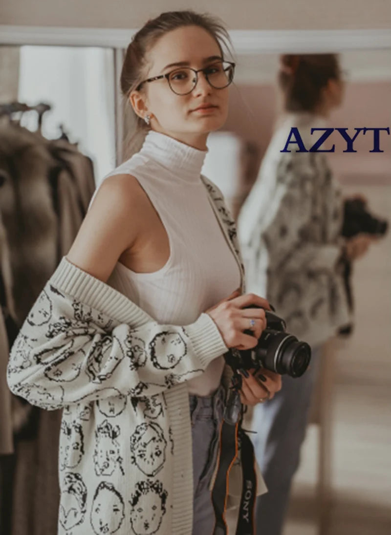 Autumn Winter New Comic V neck Cardigan Female Jacket Knitwear Sweater Coat Casual Knit Pull Femme Sweater For Women