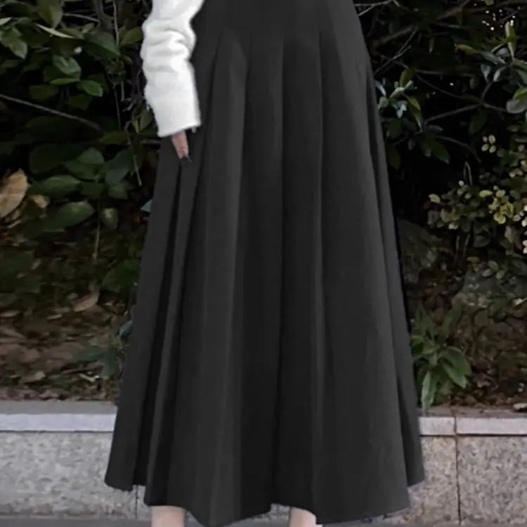 Women High Waist Jupe Korean Fashion Pleating Skirt Vintage Office Lady Spring Falda Holiday Loose Solid Maxi Skirts black