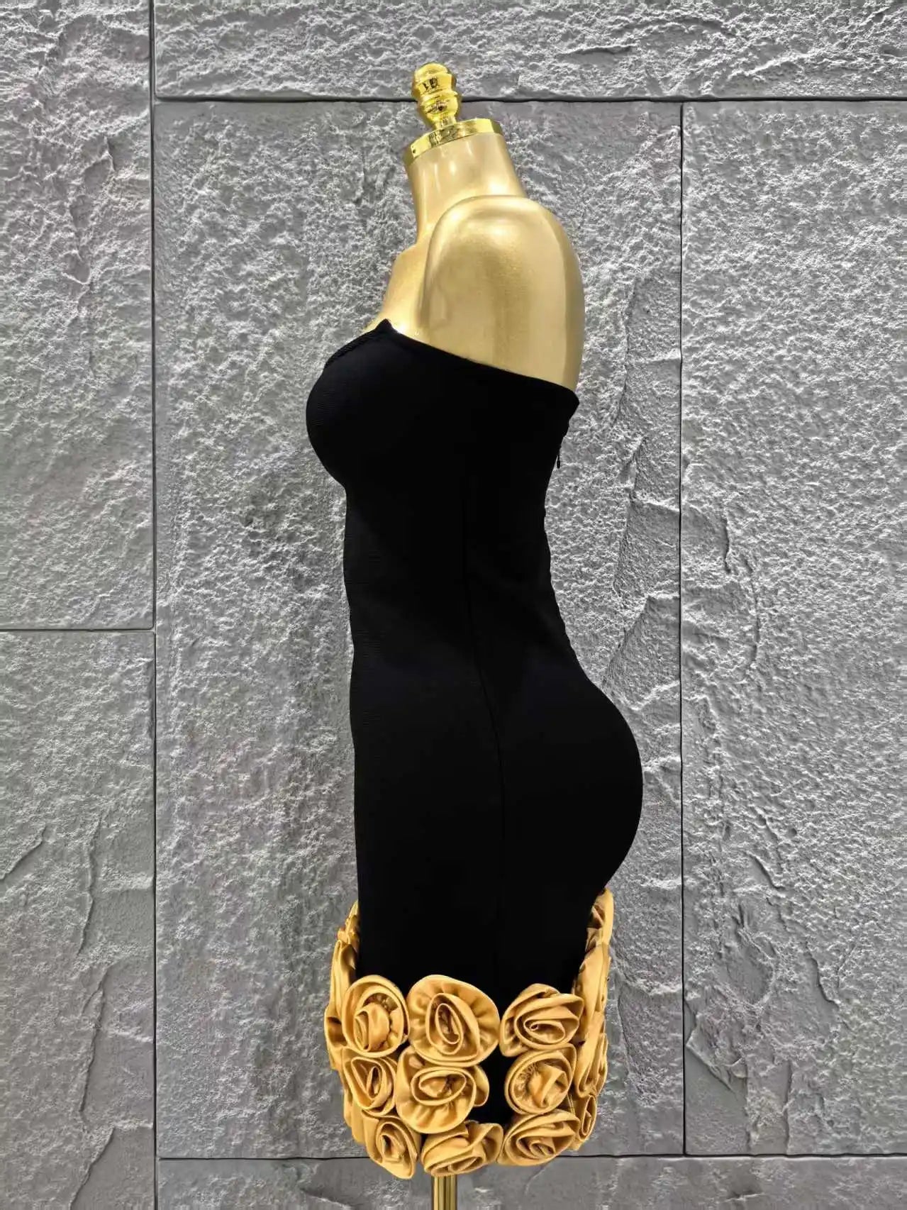 Vestido curto bandage preto dourado floral feminino, sexy, sem alças, justo, para festa de aniversário e férias