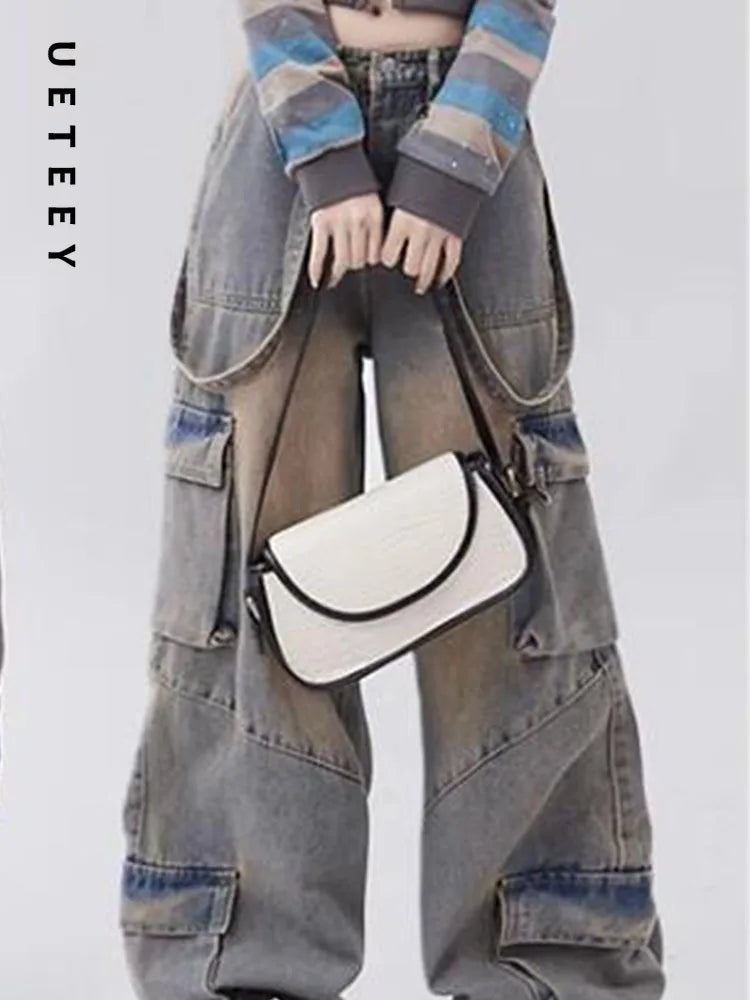 UETEEY American Retro Jeans Wide Leg Baggy Pants Streetwear Trousers Y2k Fashion 2023 Spice Girls Denim Pants Straight Jeans