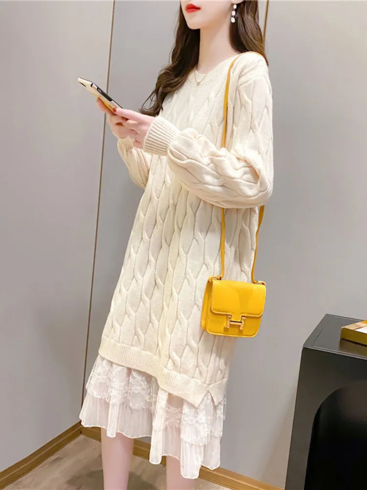 Dresses for Women Korean Oversized Sweater Women Maxi Dress O-Neck Elegant Commute Party Fashion Women's Wear Knit Dress Beige
