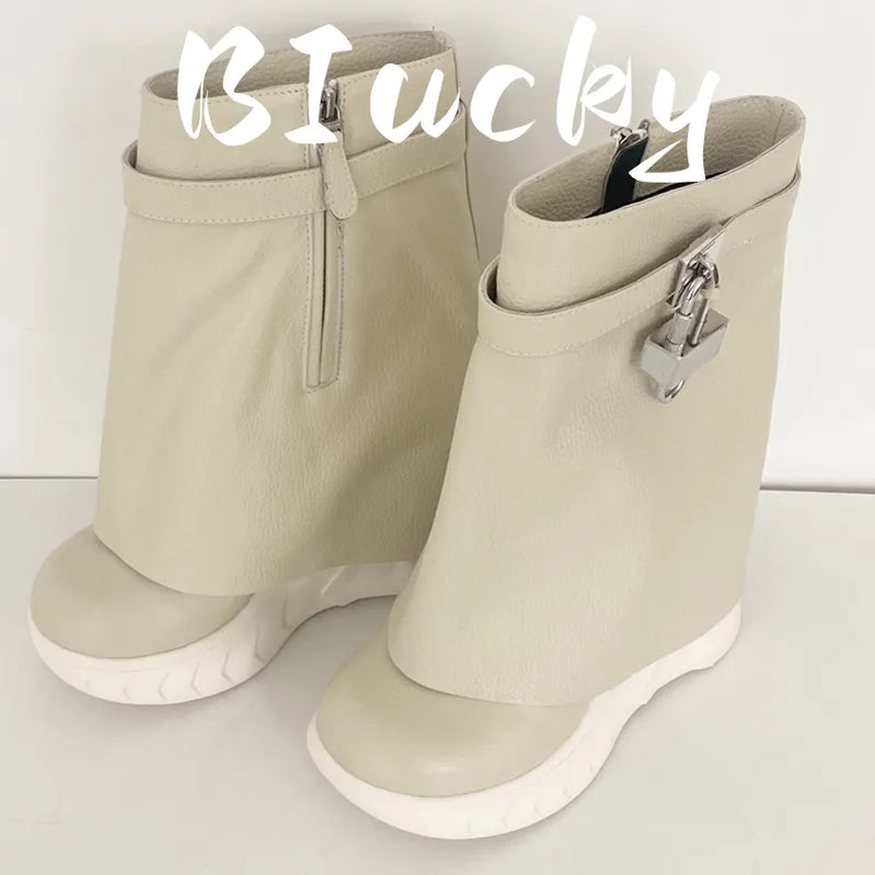 Winter New Women Mid-Calf Boots Woman Genuine Leather Wedge Platform Round 2023 Metal Decoration Boots