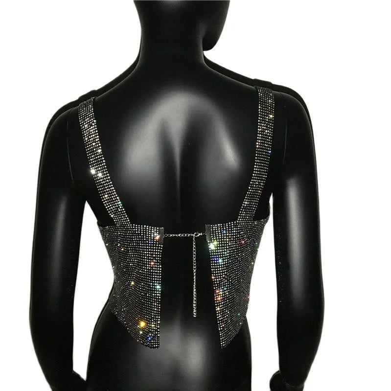 Glitter Nightclub Backless Rhinestone Tank Top Women Sexy Metal Crystal Diamonds Sequined Night Club Party Wear Crop Top