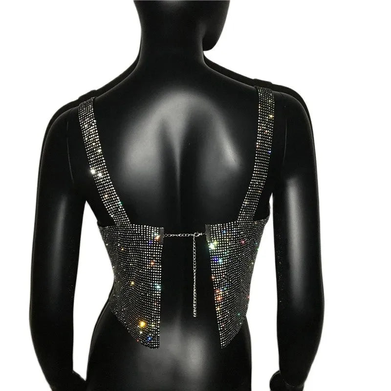 Glitter Nightclub Backless Rhinestone Tank Top Women Sexy Metal Crystal Diamonds Sequined Night Club Party Wear Crop Top