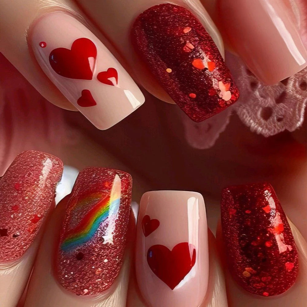 24Pc Square French Fake Nails with Heart Love Designs Glossy White Pink Press on Nails Full Cover False Nail for Valentine's Day