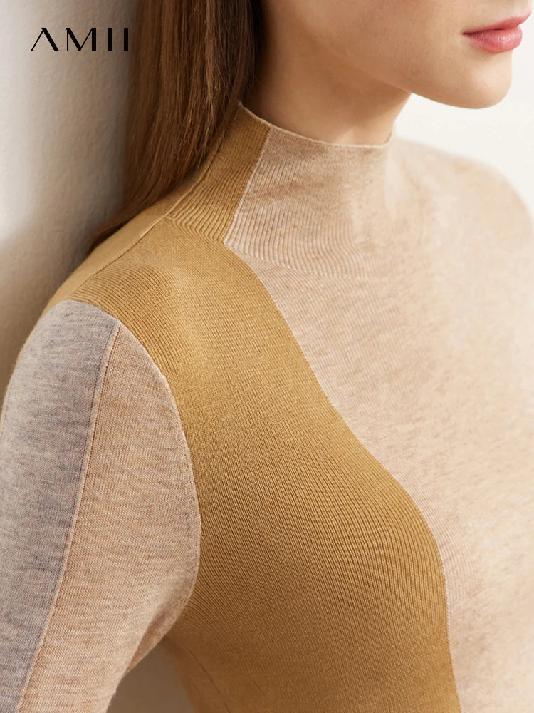 Minimalism Knitted Sweater Women Autumn All-match Slim Half High Collar Splicing Design Soft Clothing Tops