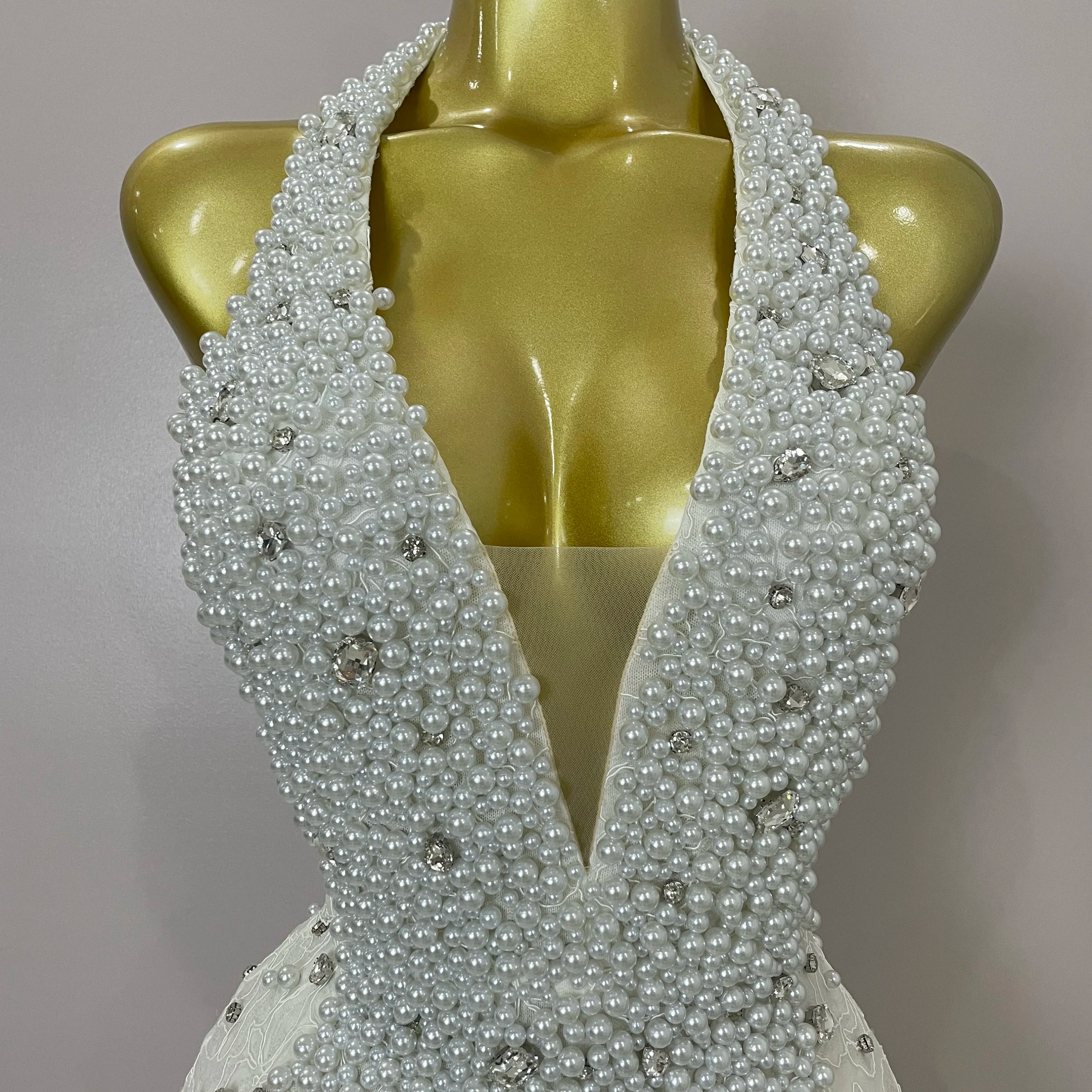 High Quality Luxury Shiny Diamonds Pearl Flowers Deep V Halter Short Dress Women Celebrate Eveing Celebrity Birthday Party Dress