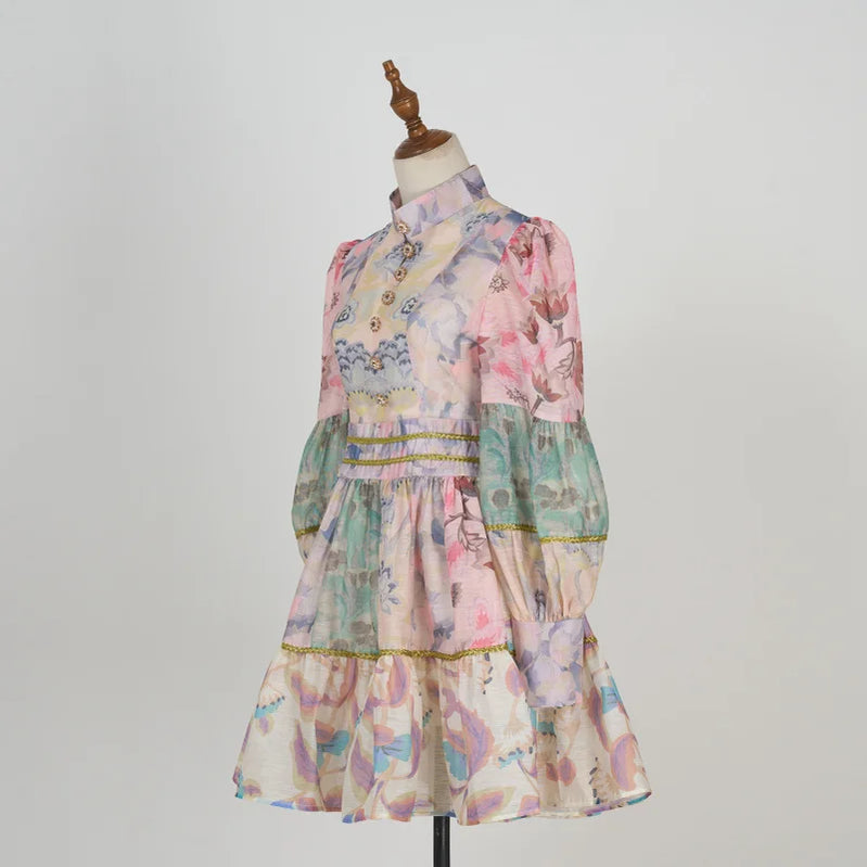 Fall Shot Spot Customized Product Vintage Court Style Small Stand Collar Bubble Sleeve Waist-Tight Dress