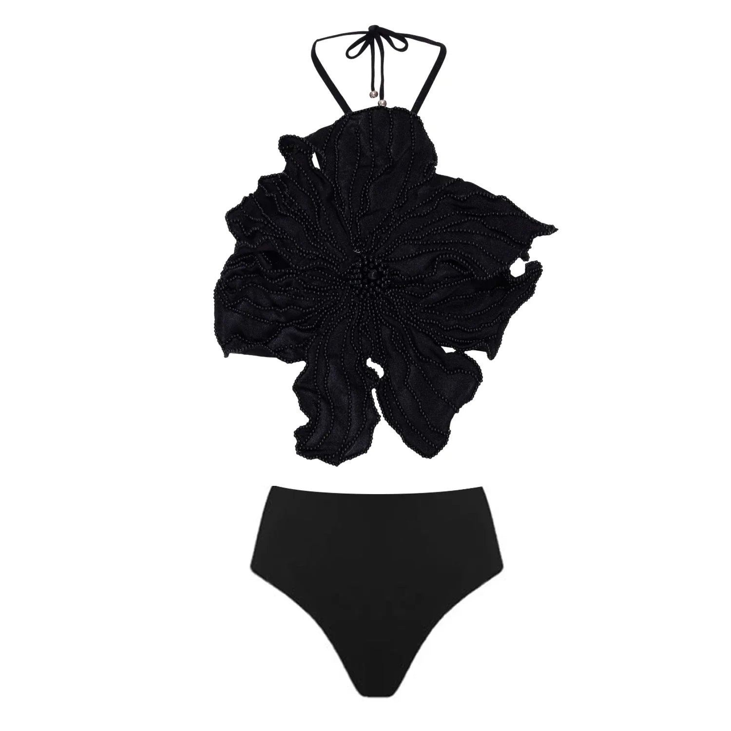 Solid Color 3D Beaded Floral Bikinis Set Women's Fashion Design Swimsuits and Pants Luxury Swimwear Bathing Suit Beachwear 2024 Only Black Bikini