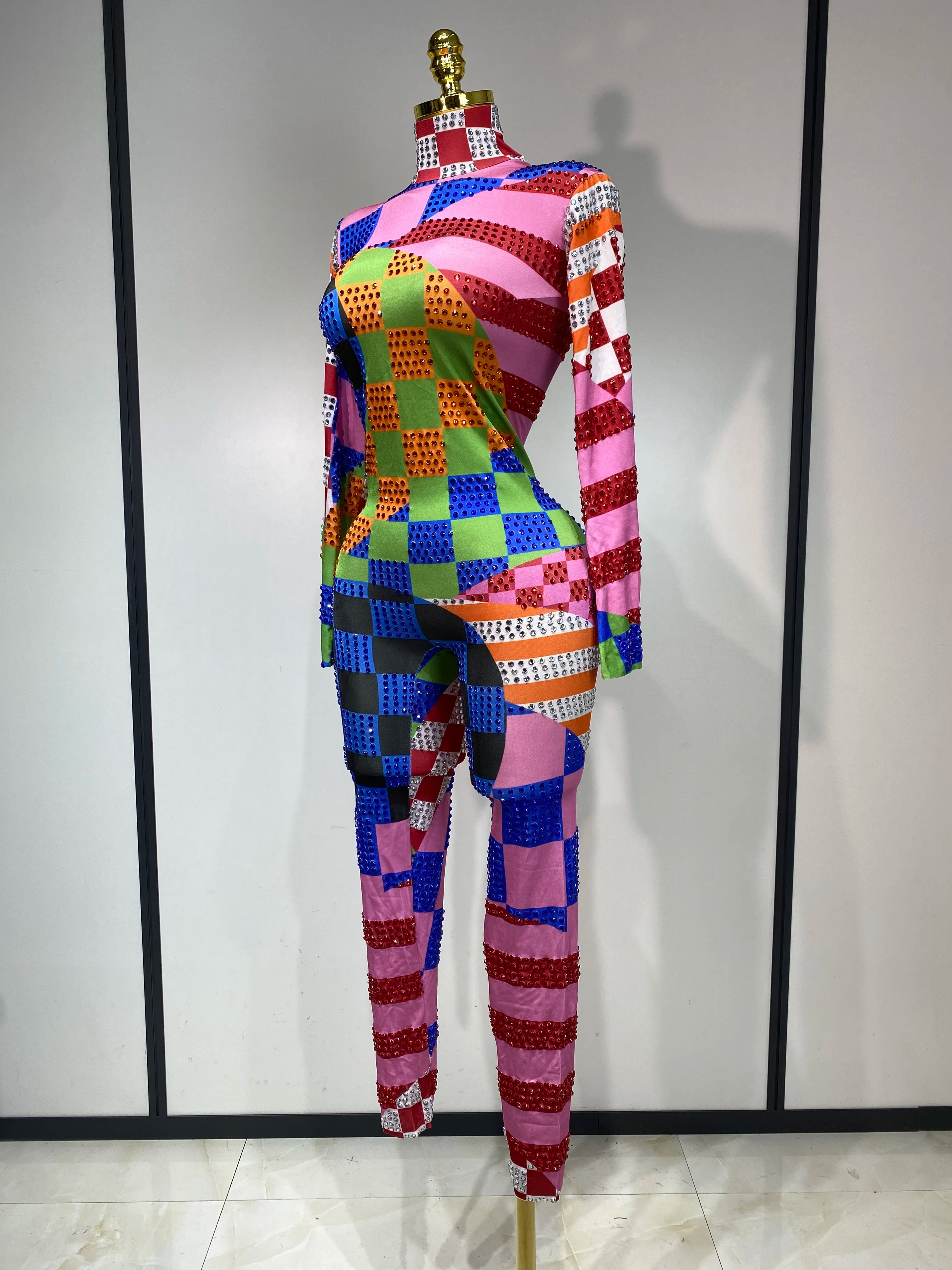 Macacão feminino com strass brilhantes e estampa colorida, sexy, manga comprida, traje para dança, palco, festa à noite, roupa de clube