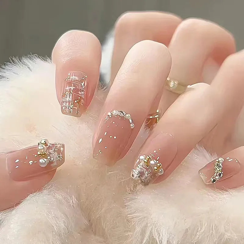 24Pcs Mid-length Gradient Finger Nails with White Butterfly Pattern Designs French Fake Nails Diamond Wearable Fashion Nail Tips