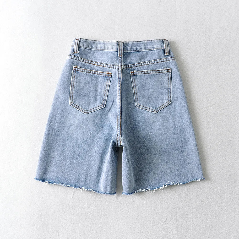 Women High Waist Wide Leg Denim Shorts Tassel Summer Fashion Streetwear Casual Solid Color Female Loose Stright Jeans