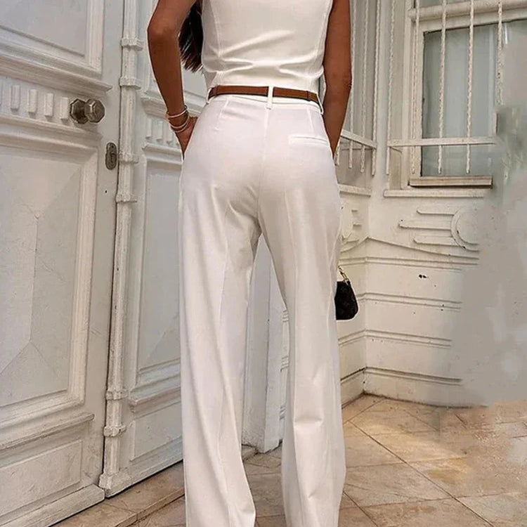 Solid Casual Vest Pants Women 2 Piece Set V-neck Sleeveless Single Breasted Vests Wide Trousers Summer Office Lady Outfit