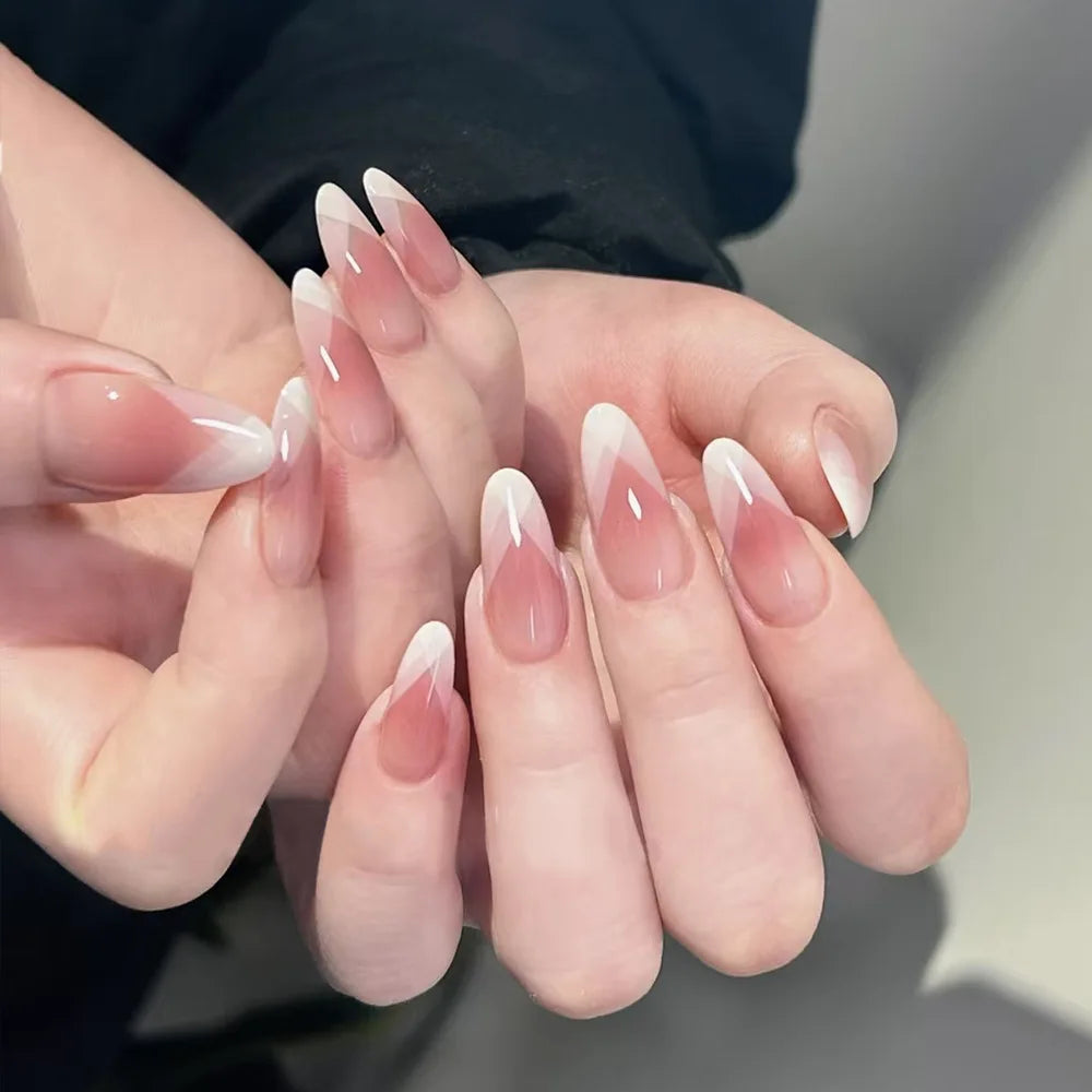 24pcs French Almond Fake Nail Sweet Pink White Gradient False Nail Tips for Lady Women Wearable Ins Simple Korean Press on Nails