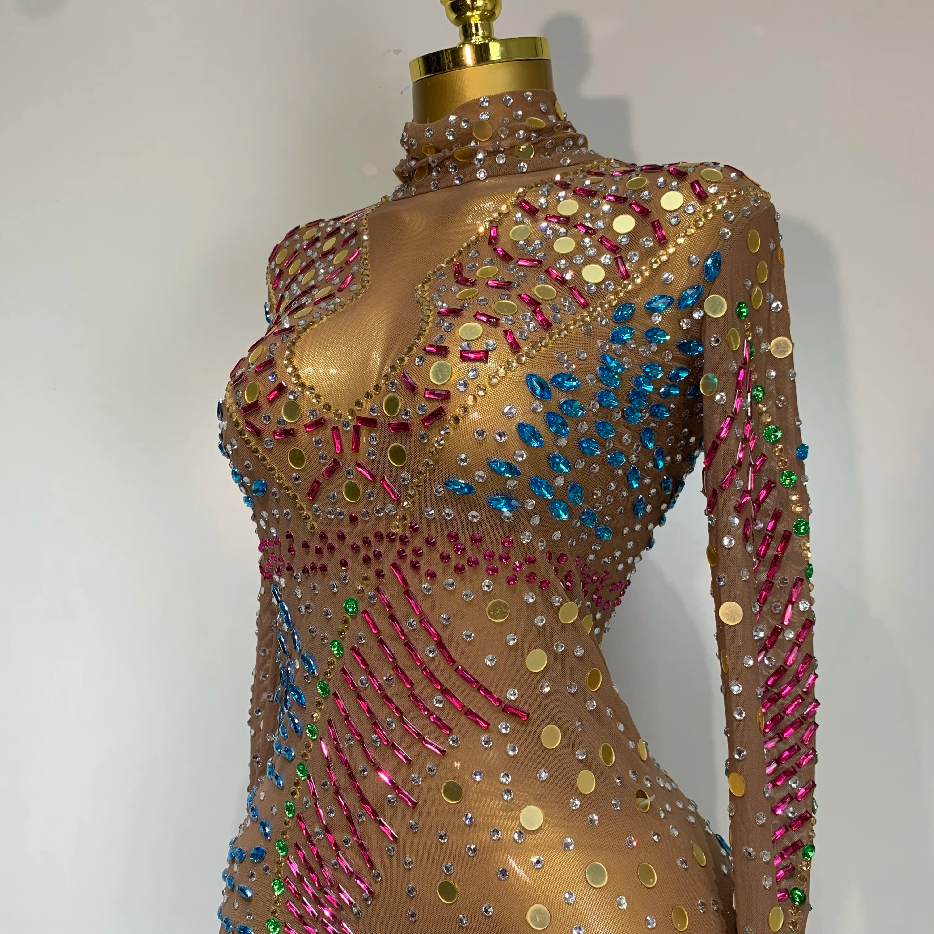 Women Sparkly Rhinestone See Through Elastic Mesh Women Long Dress Evening Prom Birthday Party Wear Club Performance Costume