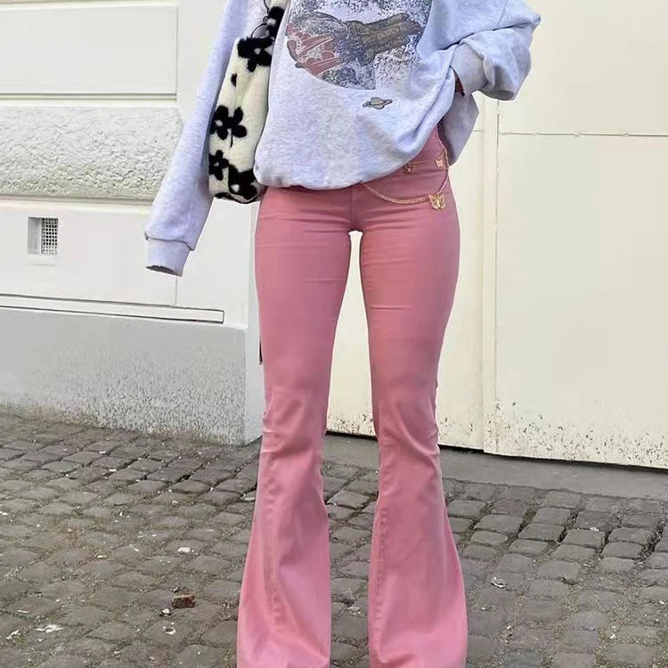 Streetwear Y2k Flared Jeans Women High Waist 90S Fashion Pink Stretch Baggy Mom Jeans Wide Leg Pants Elegant Denim Trousers 2023