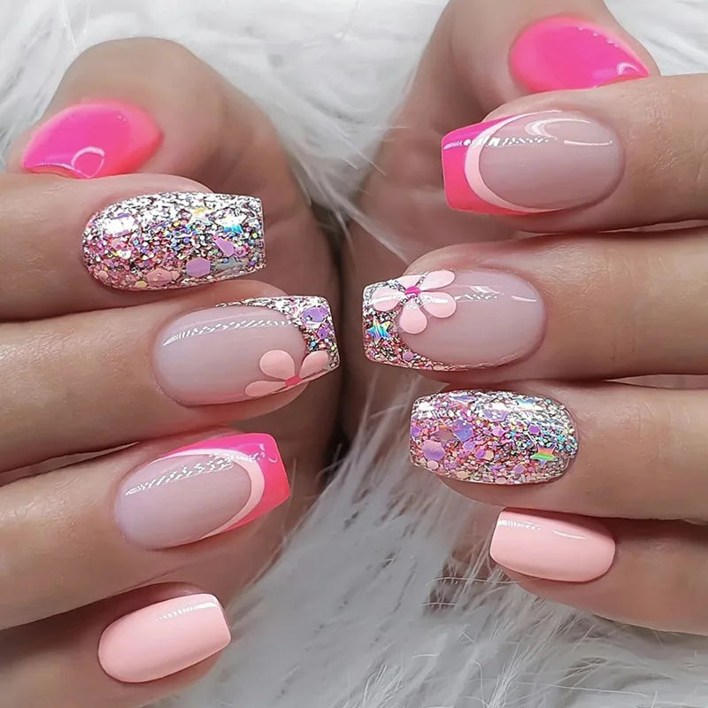 24Pcs Glitter Fake Nail Art with Sequin Design Mid-length Square Head False Nails Tips Retro Wine Red Wearable Press on Nails