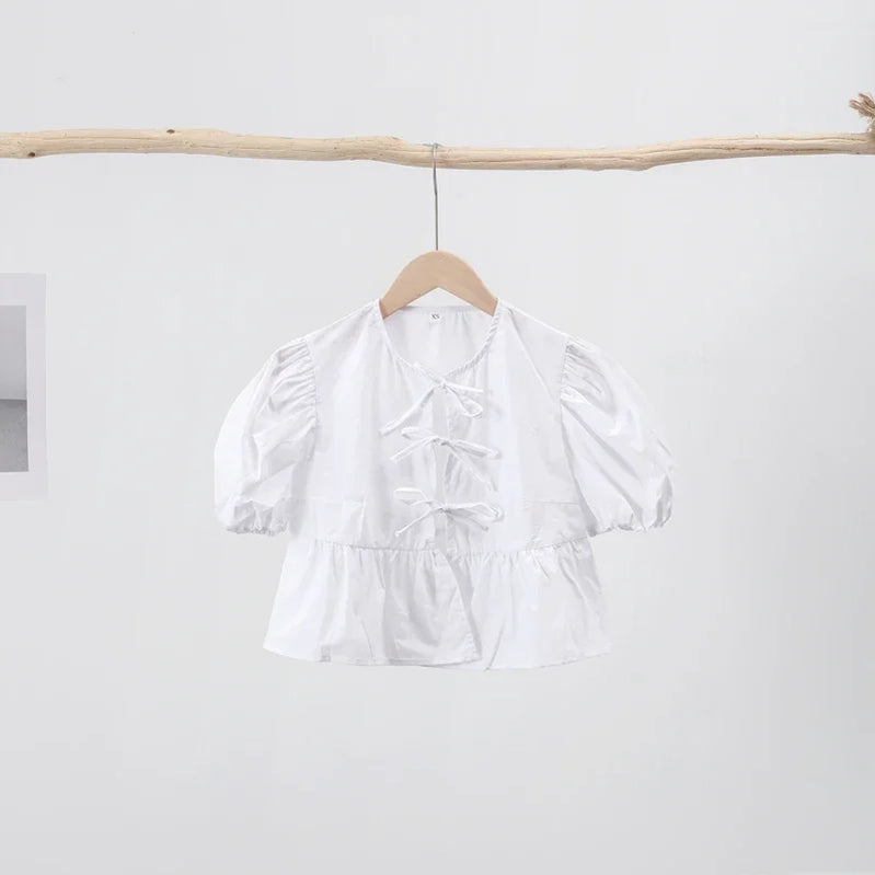 Duomofu Leopard Bow Lace Up Women Shirts Blouses Loose Y2K Puff Sleeve Pleat Shirt Top Summer New Cropped Lady Streetwear White