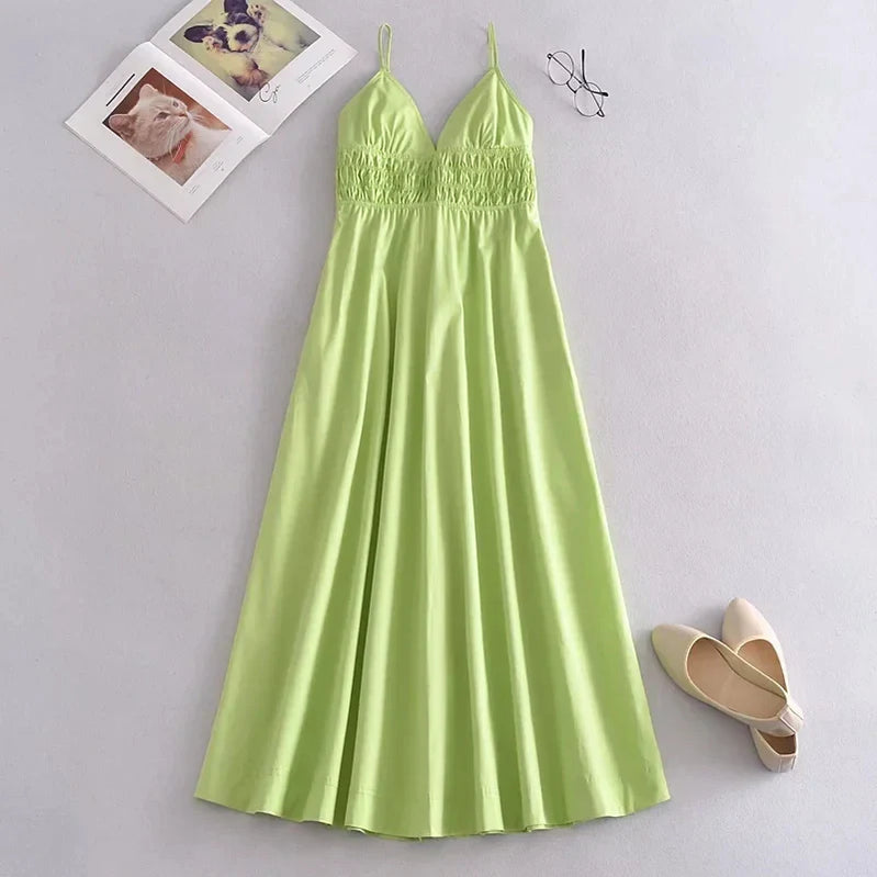 Foridol Elastic Smocking Green Cotton V Neck Summer Women's Dress Sleevless Long Green Maxi Casual Strapy Dress Solid Female Light Green