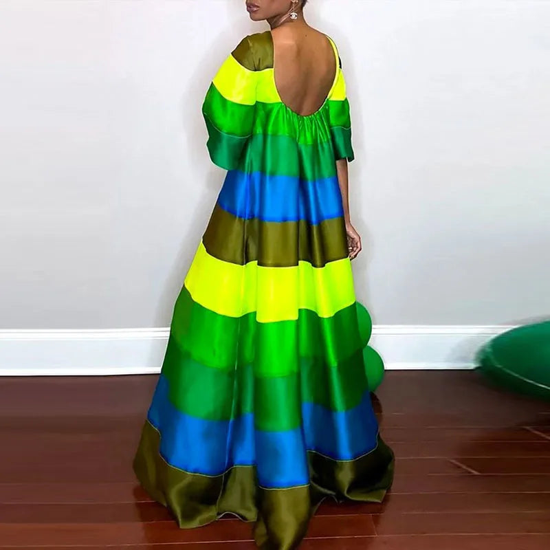 Luxury Rainbow Striped Women Evening Dress Sexy Elegant Loose Short Sleeve Maxi Dress Women Backless O-neck Bohe Dresses