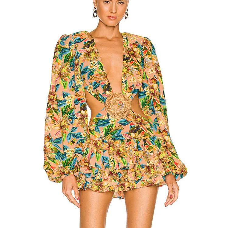 Women Summer Style Sexy Long Sleeve Hollow Out Floral Pleated Mini Bodycon Dress 2022 Elegant Evening Party Dress