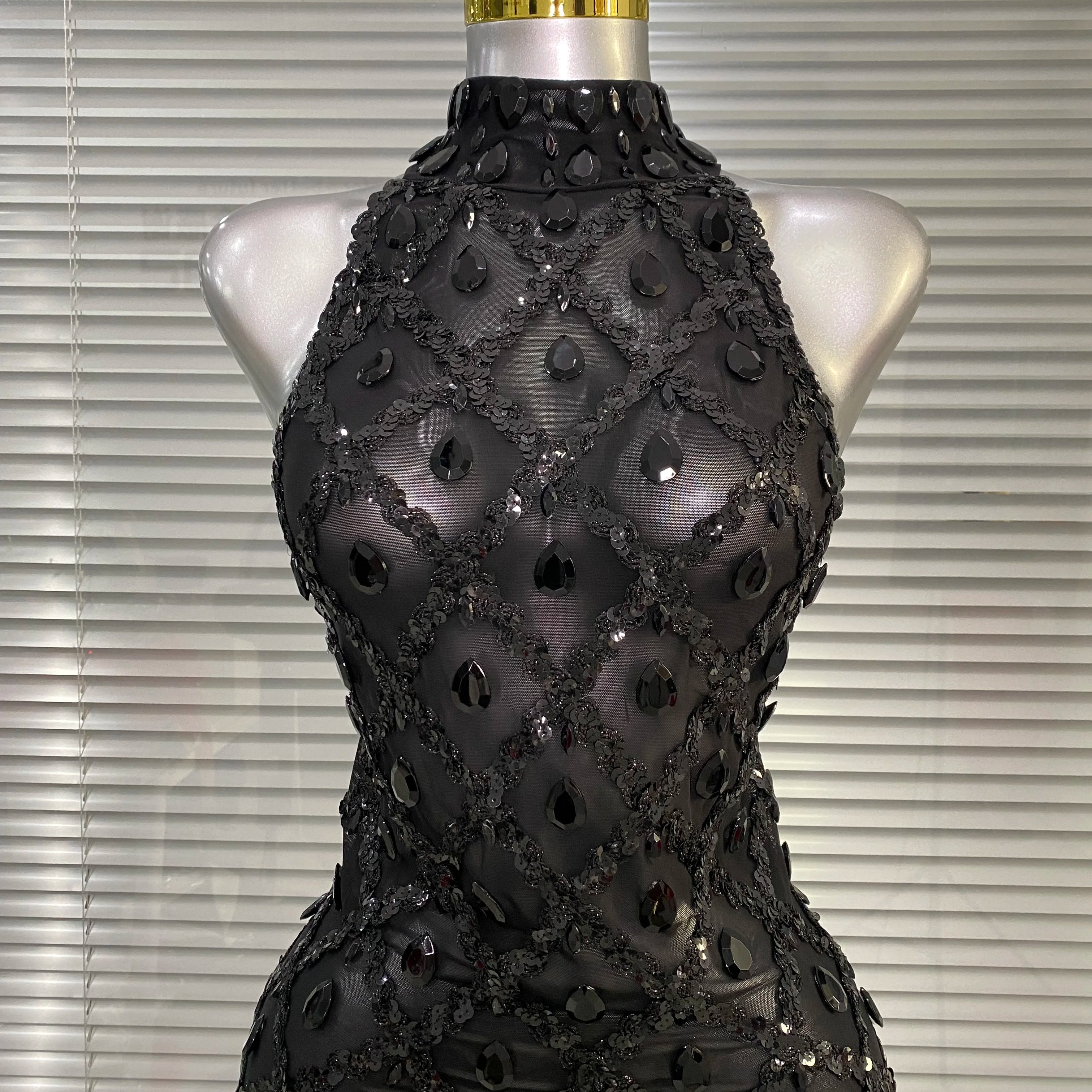 New Women Sexy Black Red Crystal Diamonds Maxi Dress Birthday Party Costume Elegant Singer Stage Performance Dress