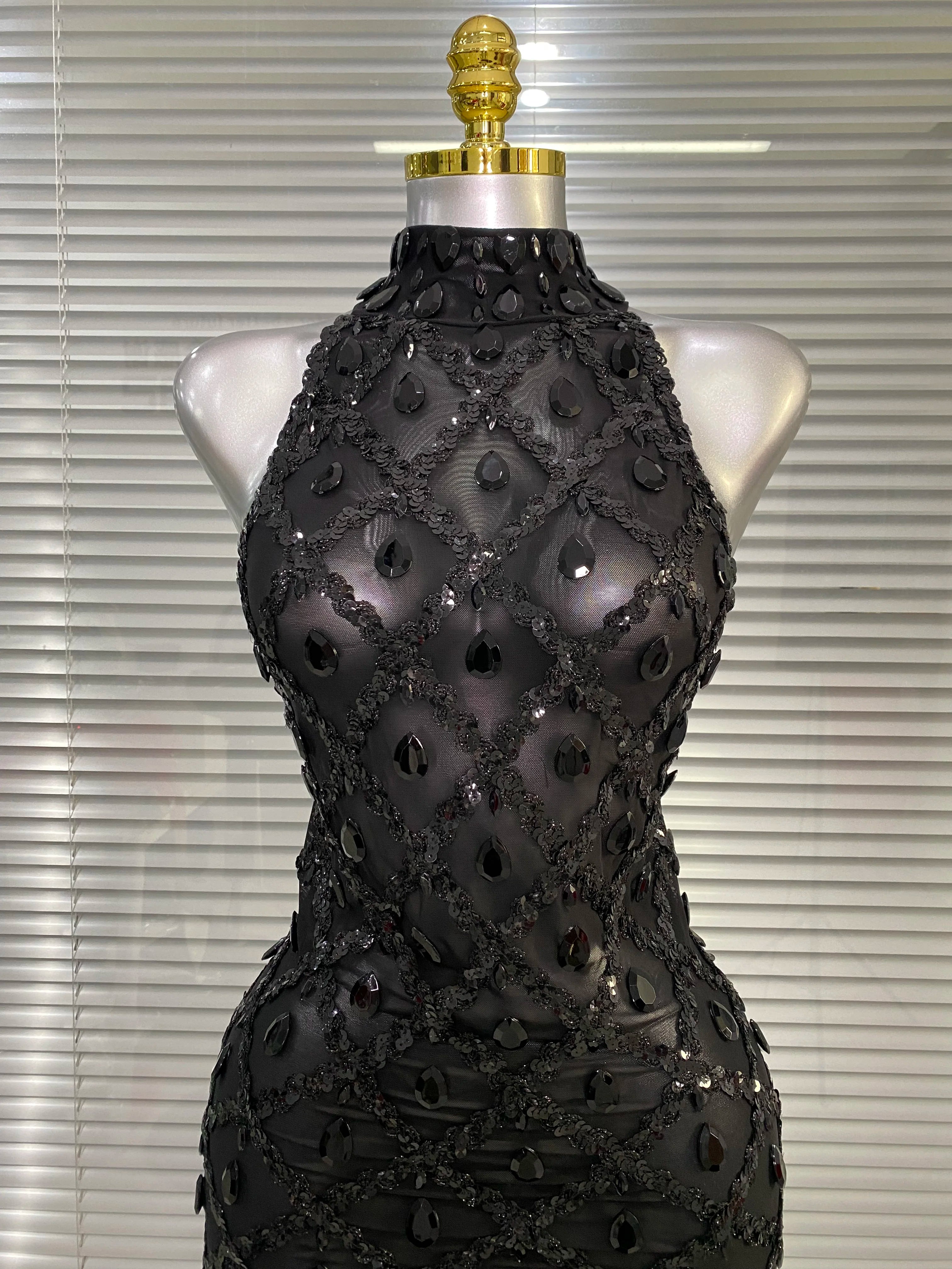 New Women Sexy Black Red Crystal Diamonds Maxi Dress Birthday Party Costume Elegant Singer Stage Performance Dress