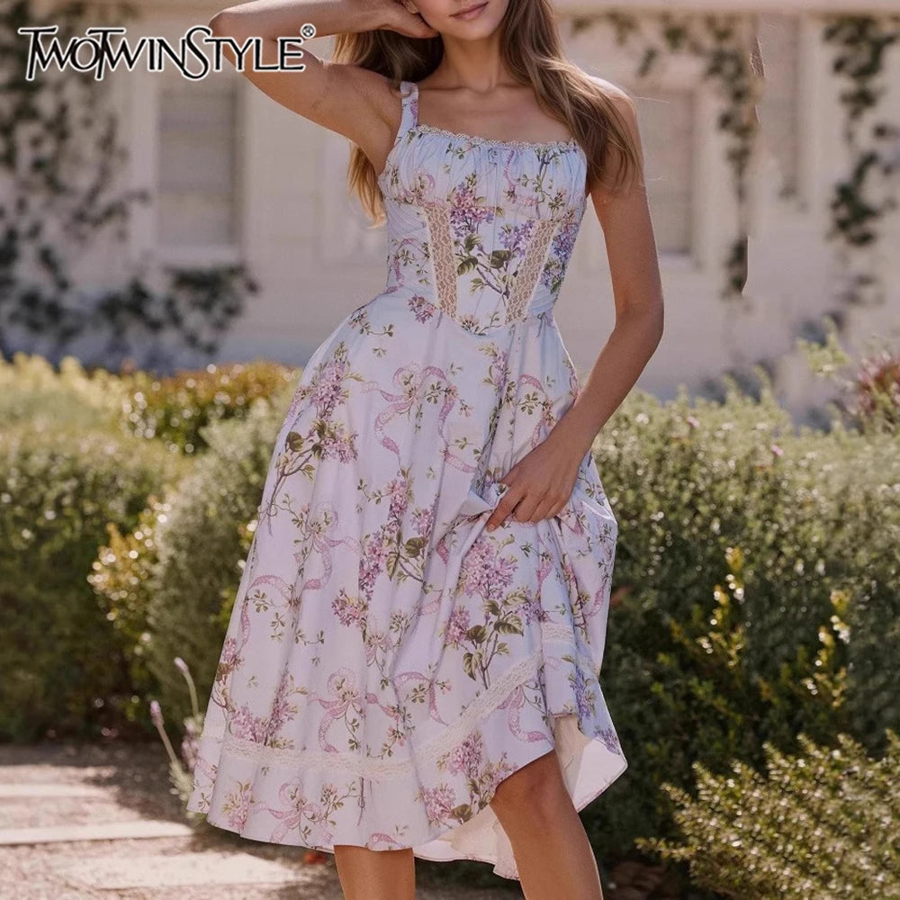 TWOTWINSTYLE Printing Hollow Out Spliced Lace Elegant Dresses for Women Square Neck Sleeveless Patchwork Pockets Dress Female