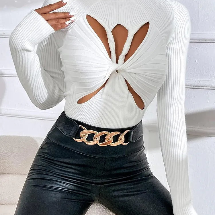 Slimming Crisscross Hollow Out Knitting Sweaters For Women Round Neck Long Sleeve Solid Casual Chic Sweater Female