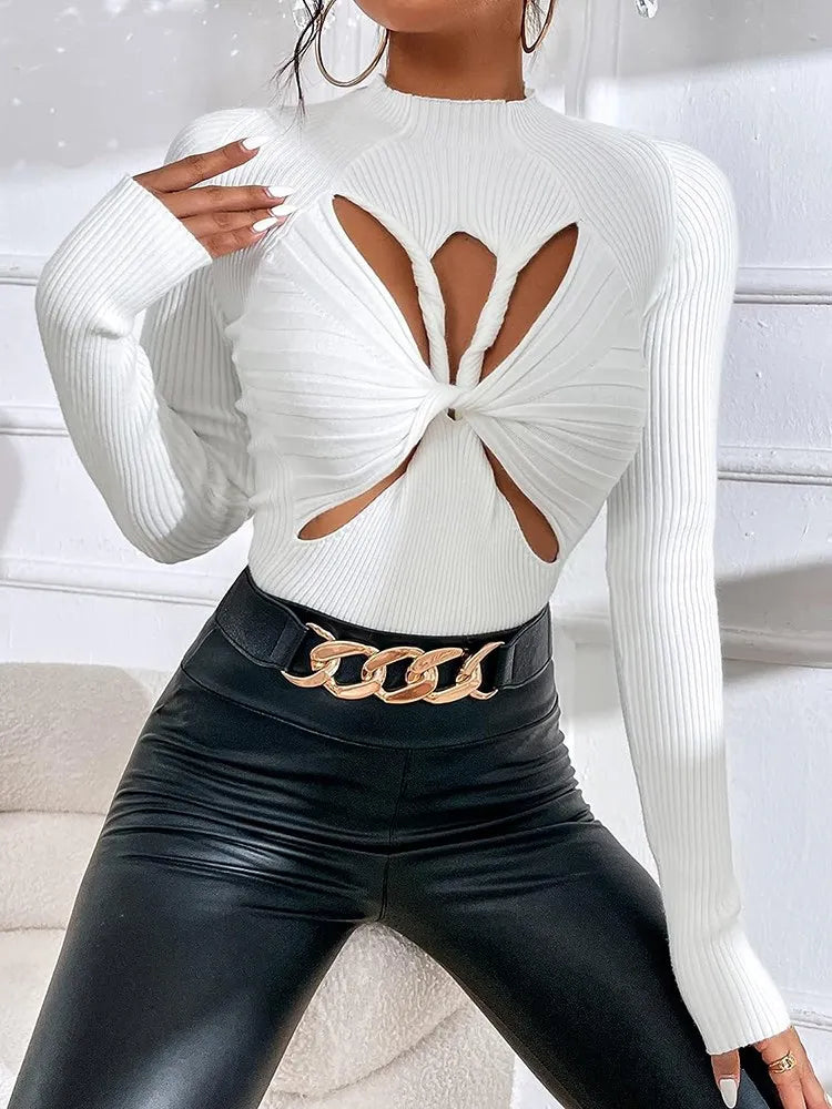 Slimming Crisscross Hollow Out Knitting Sweaters For Women Round Neck Long Sleeve Solid Casual Chic Sweater Female