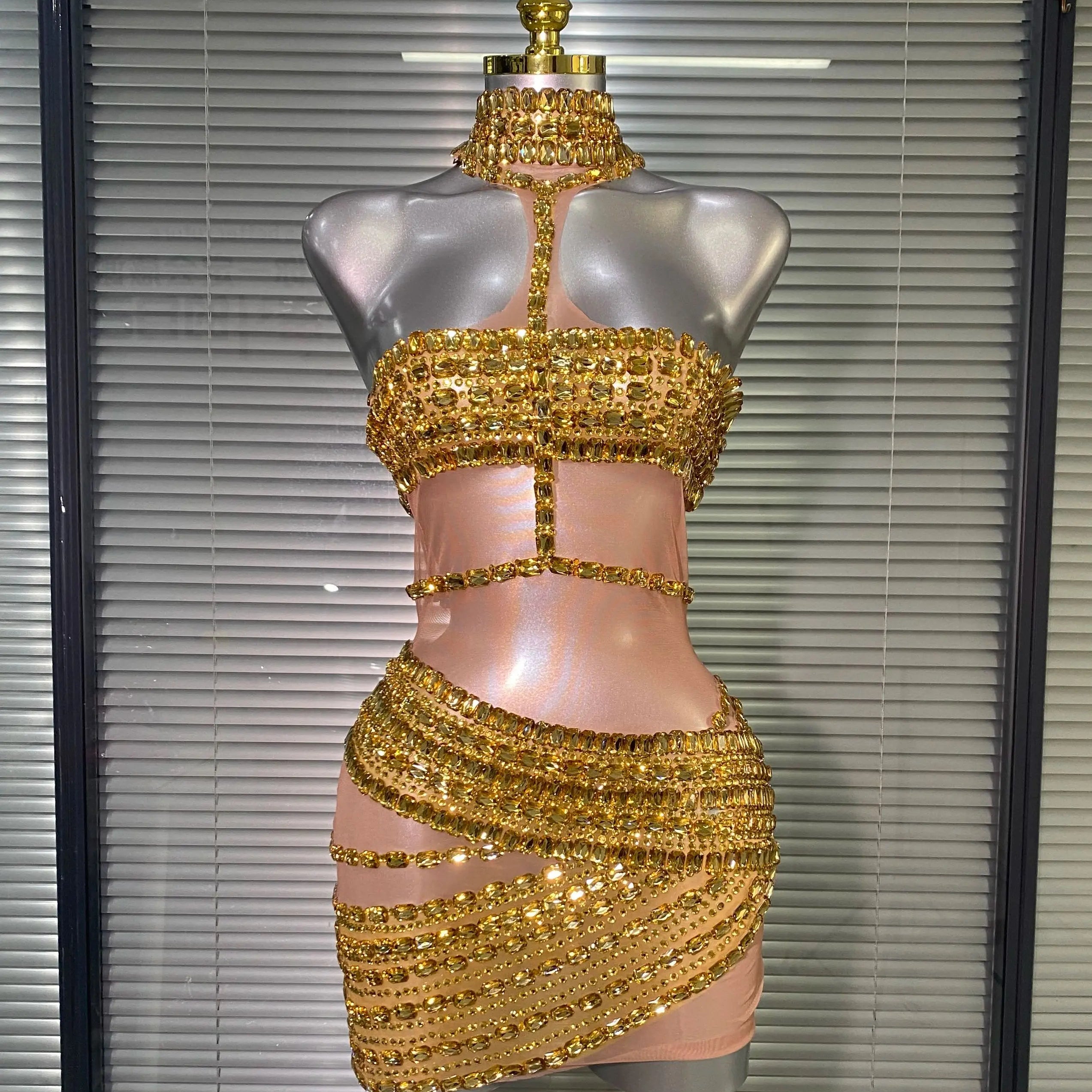 New Women Sexy Mesh Stage Costume Crystal Dancer Singer Sheer Mesh Night Club Red Gold Silver Mini Party Dress