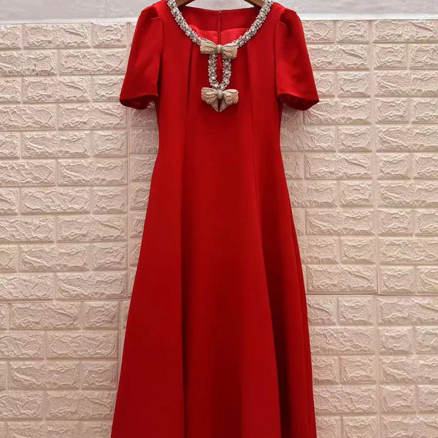 Solid Slimming Spliced Bowknot Elegant Dresses for Women Round Neck Short Sleeves Patchwork Bead Dress Female New