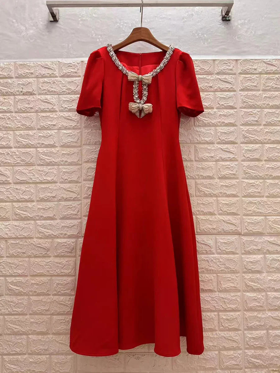 Solid Slimming Spliced Bowknot Elegant Dresses for Women Round Neck Short Sleeves Patchwork Bead Dress Female New